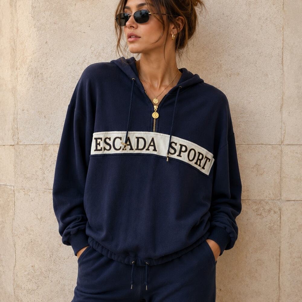 Vintage Escada Sport Y2K Navy Logo Hoodie Pullover Sweatshirt Women’s Large